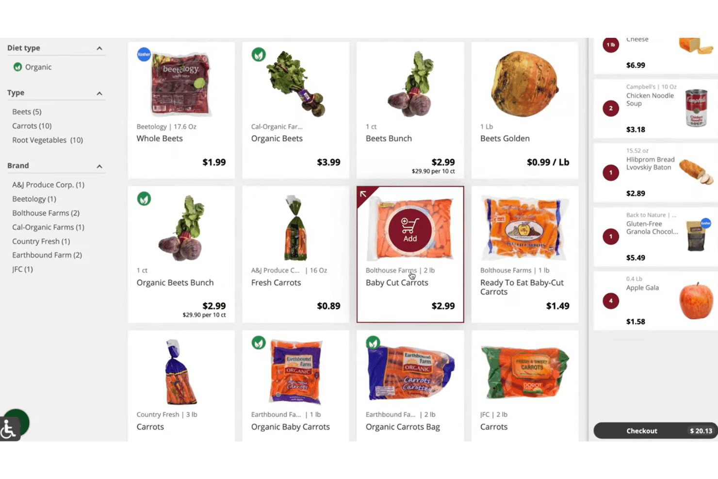 stor.ai grocery delivery shopping cart showing deli item, coupon field, and promotional product offers.