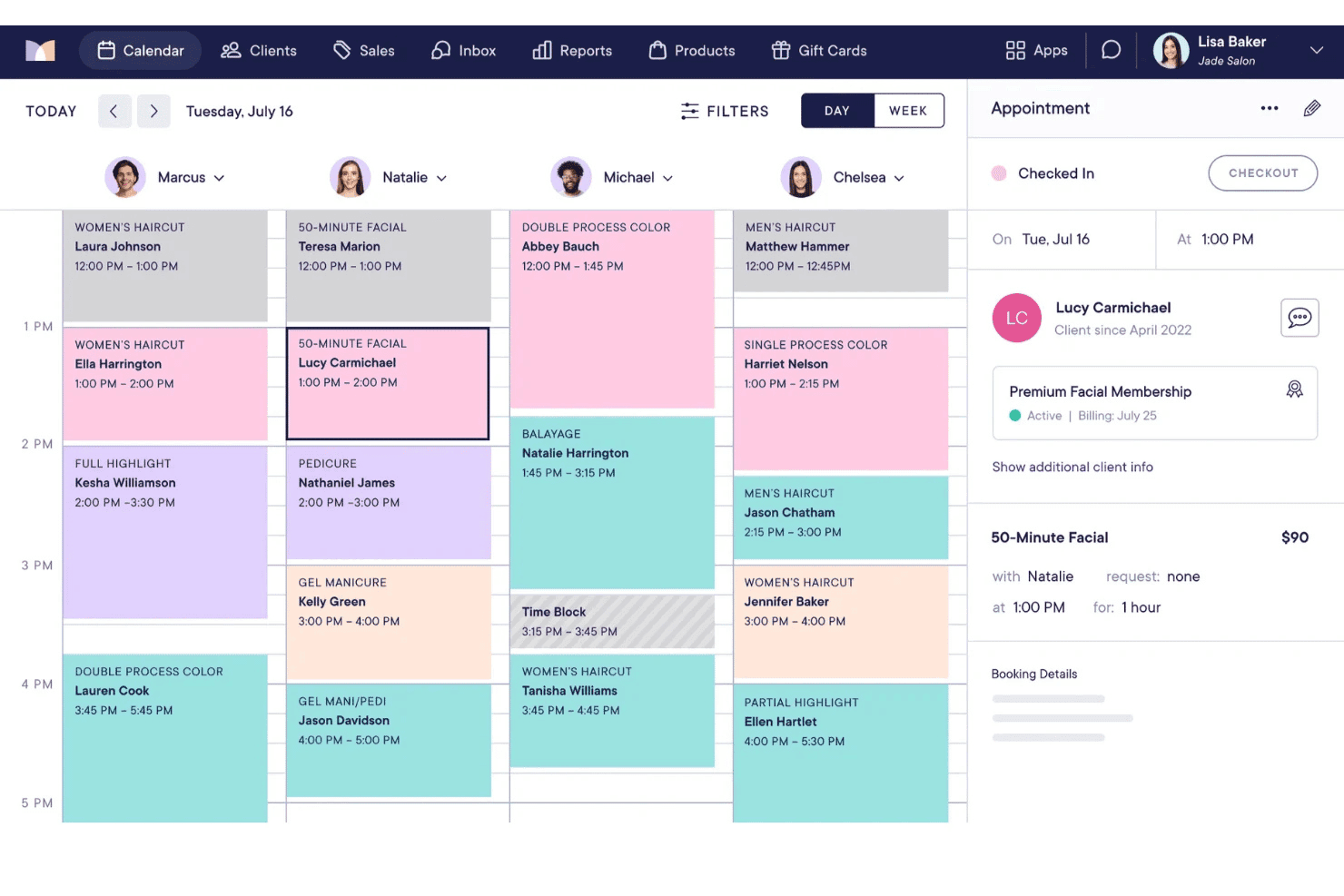 Salon scheduling calendar showing appointments for four staff members on Tuesday, July 16.