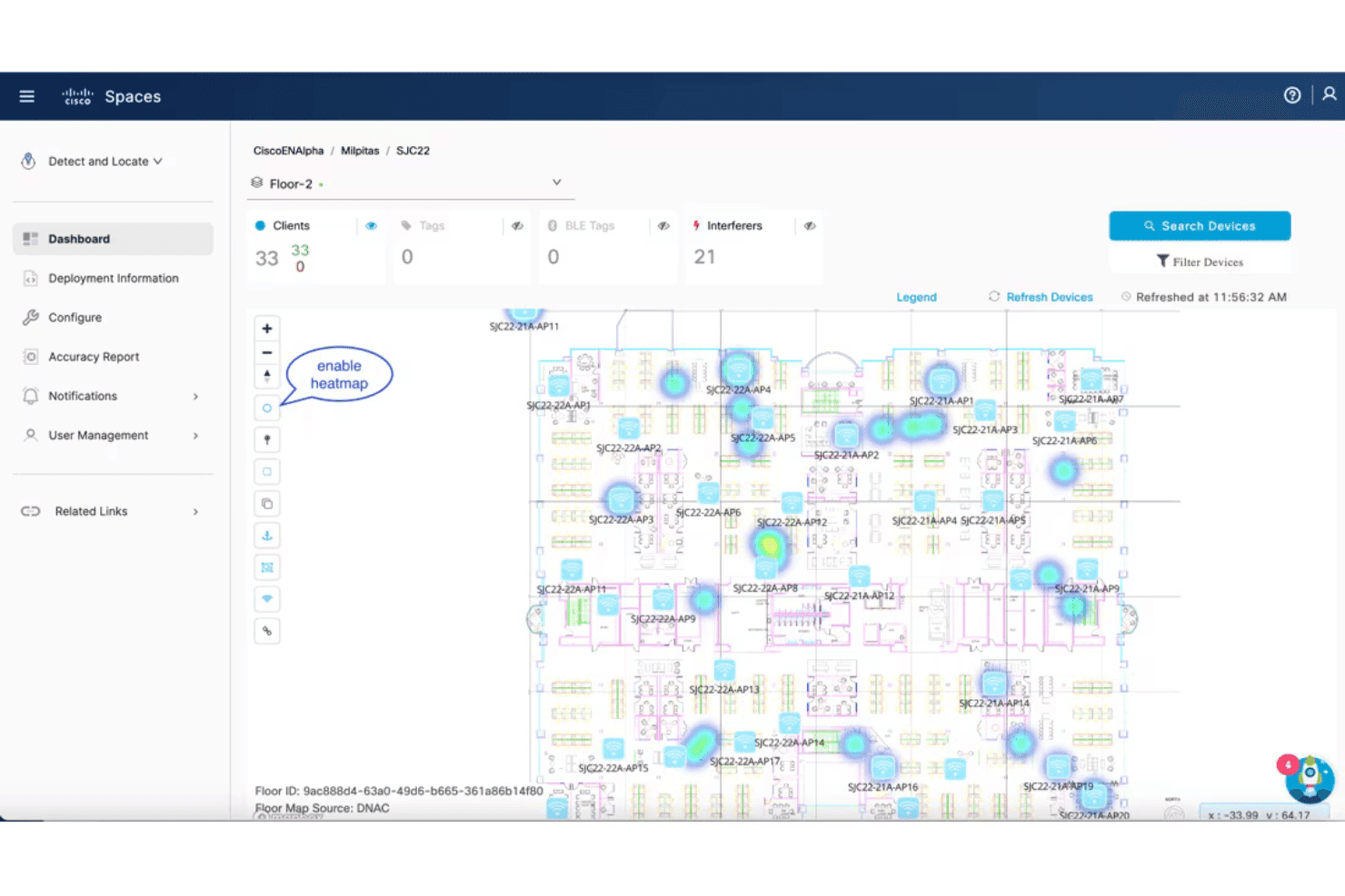 Cisco Spaces dashboard showing floor map with client heatmap and 33 detected devices.