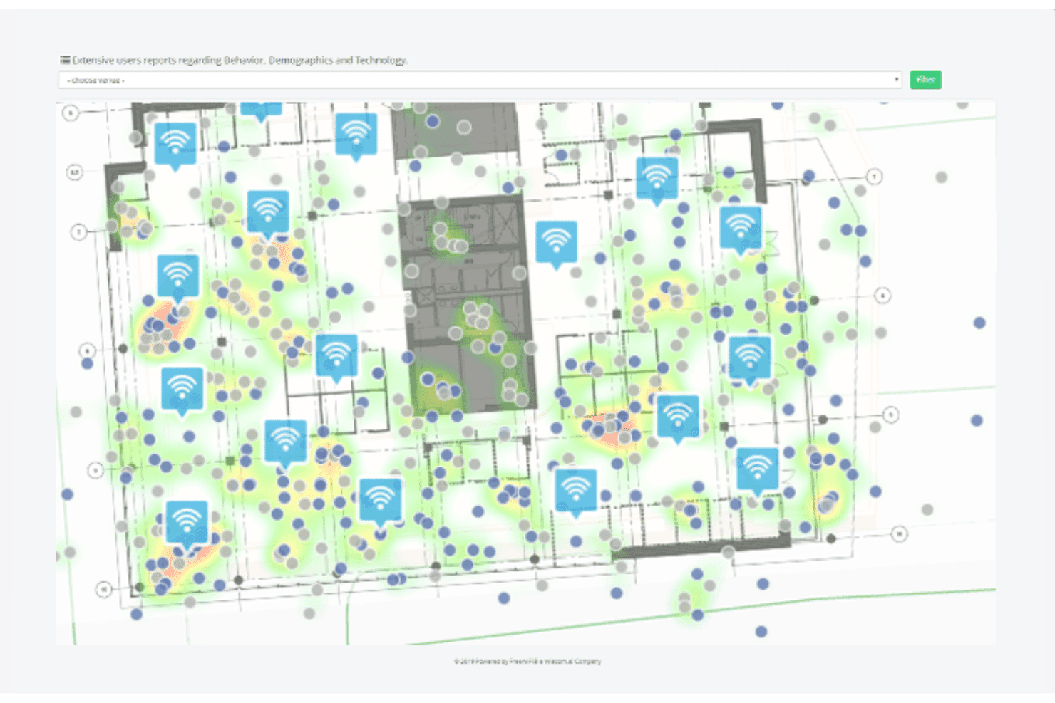 Floor plan heat map showing Wi-Fi access points and visitor density zones.