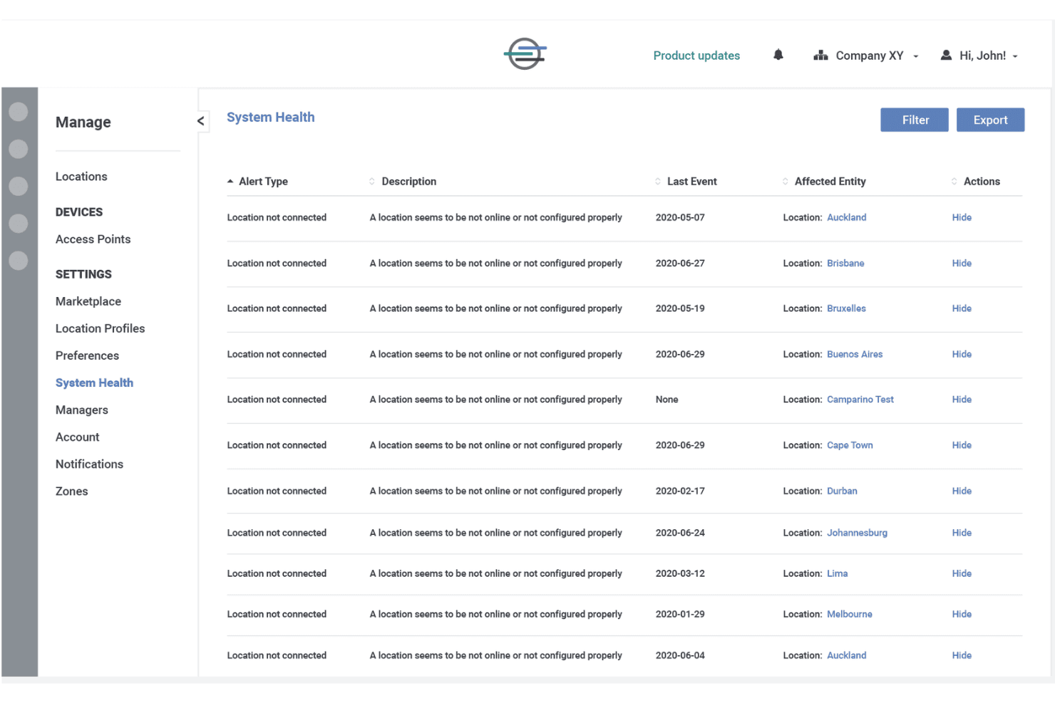 System Health dashboard listing location not connected alerts with dates and affected cities.