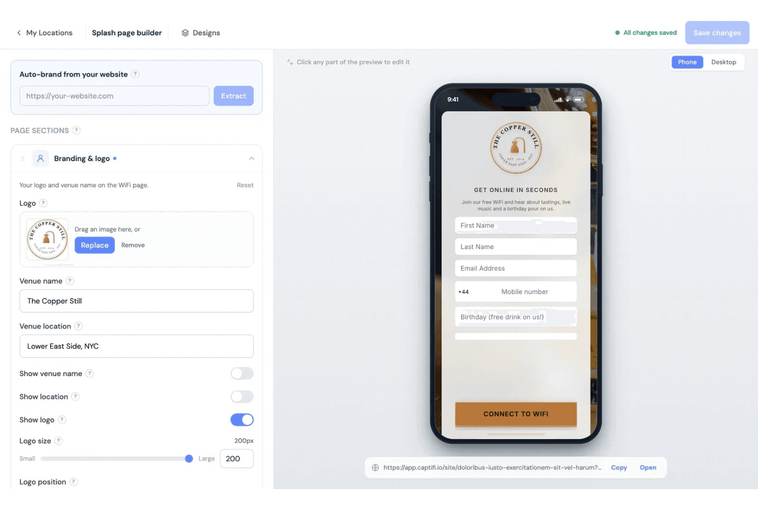 Splash page builder UI showing logo, form fields, and mobile preview for WiFi login.
