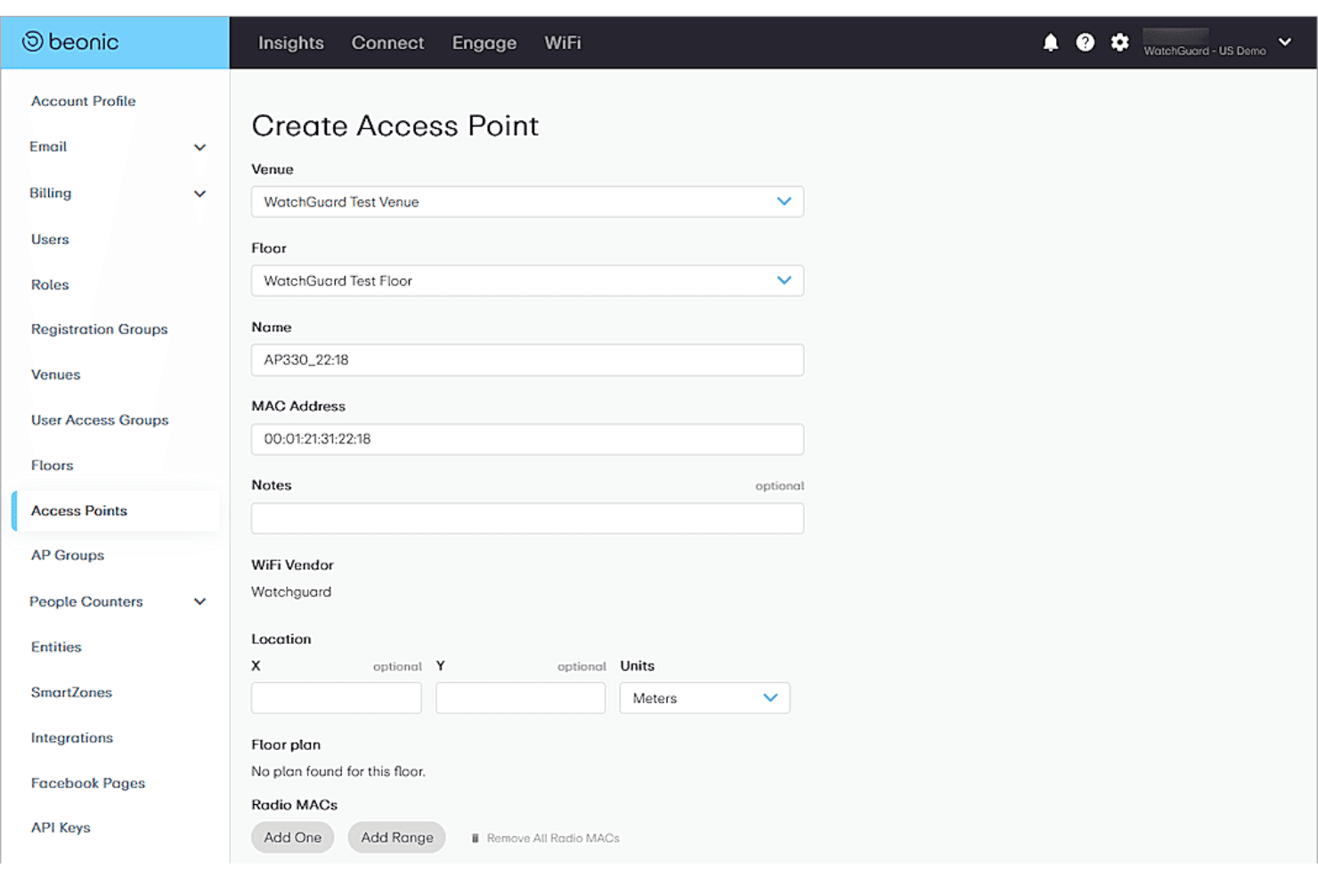 Beonic Create Access Point form with venue, floor, name, and MAC address fields.