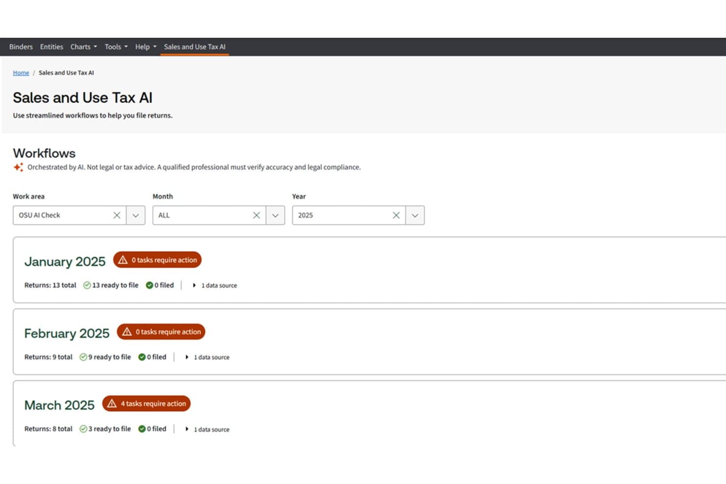Sales and Use Tax AI dashboard showing monthly return workflows for 2025.
