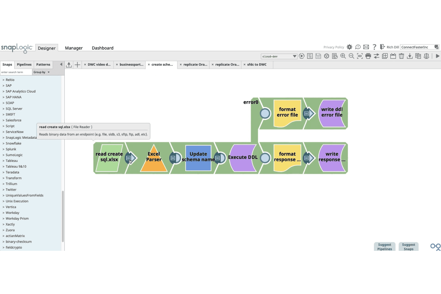 SnapLogic Designer, jossa näkyy Excel-, DDL- ja tiedostokirjoitinliittimiä sisältävä putkisto.