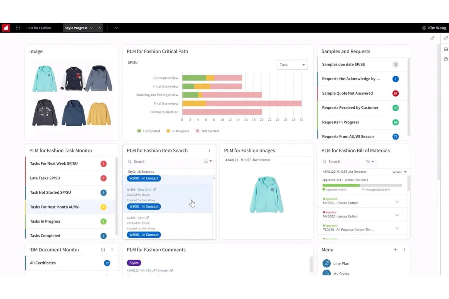 Infor CloudSuite Fashionin koontinäyttö, jossa näkyvät tyylin eteneminen, kriittisen polun kaavio ja materiaaliluettelo.