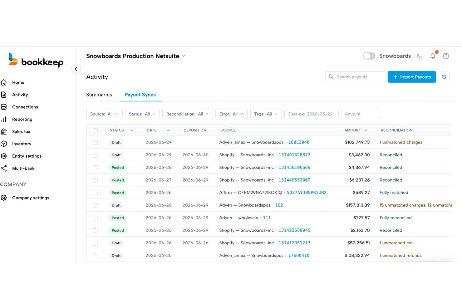 Bookkeep payout syncs dashboard showing reconciliation status for multiple payment sources.