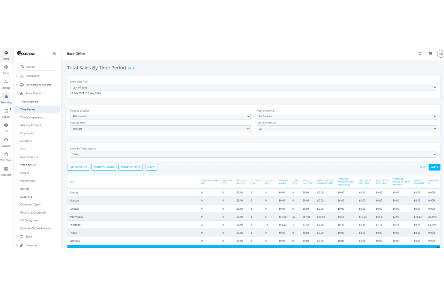 Epos Now-administrationssystem, der viser den daglige rapporttabel for det samlede salg efter tidsperiode.