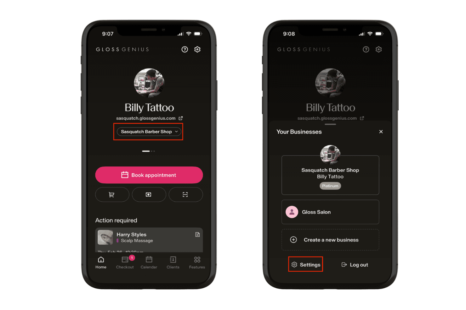 Two GlossGenius app screens showing business switcher and settings menu.