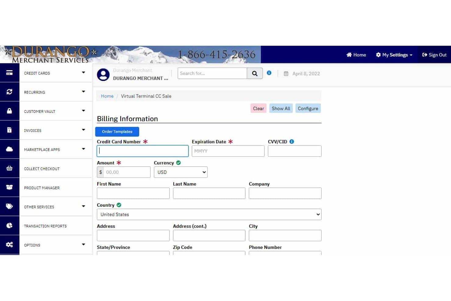 Durango Merchant Services virtual terminal billing form with credit card fields.