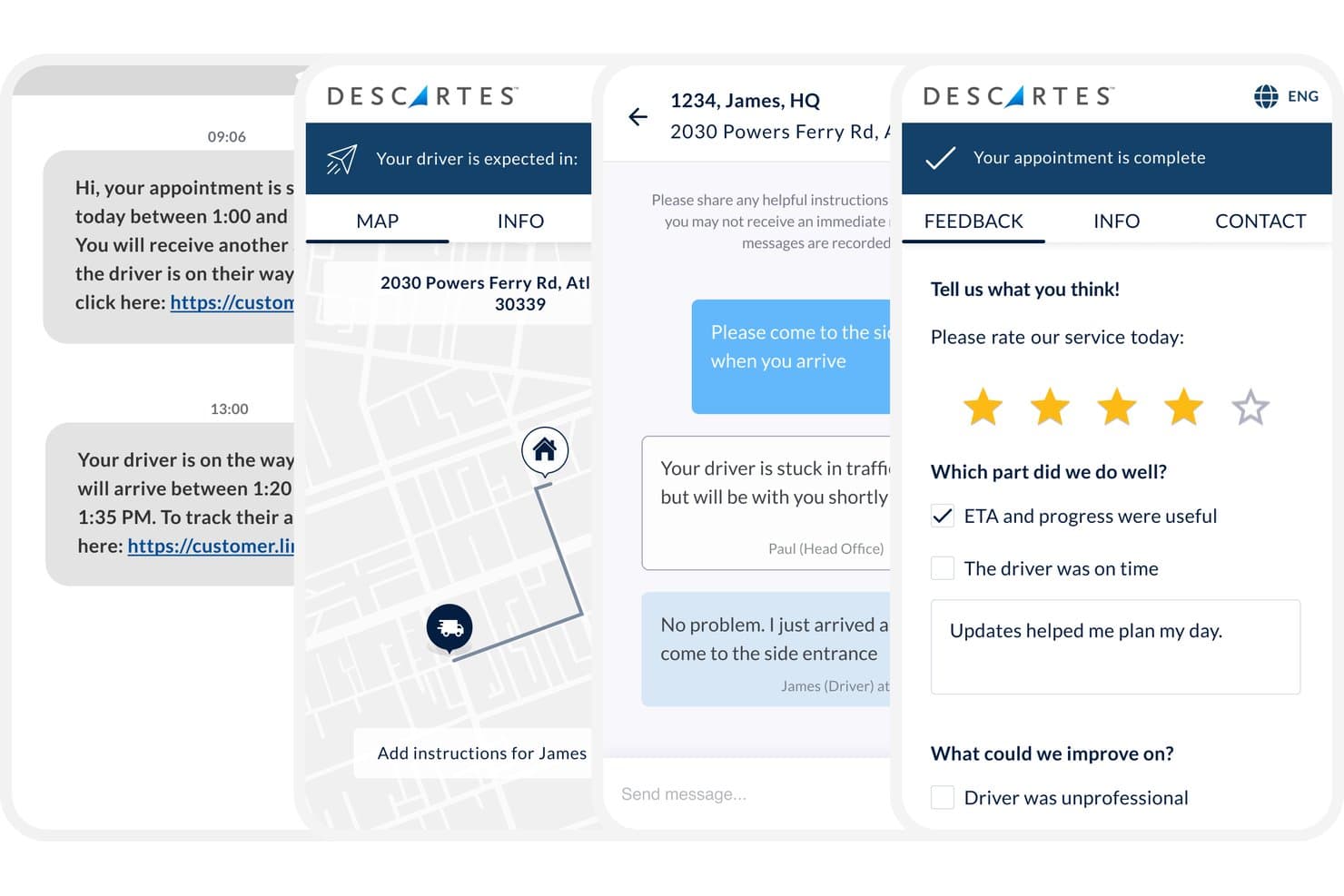 Interfaz de usuario de Descartes ShipTrack que muestra alertas por SMS, seguimiento en un mapa en directo, chat con el conductor y pantalla de comentarios.