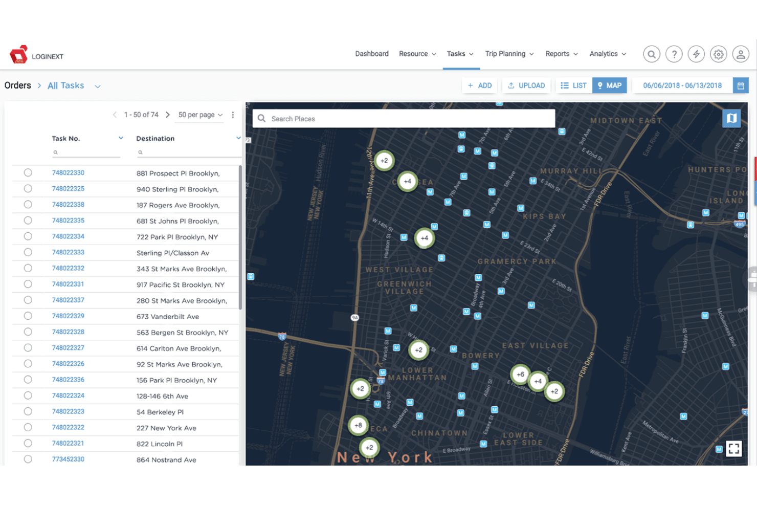Panel de LogiNext Mile que muestra la lista de tareas de entrega y la vista del mapa de la ciudad de Nueva York.