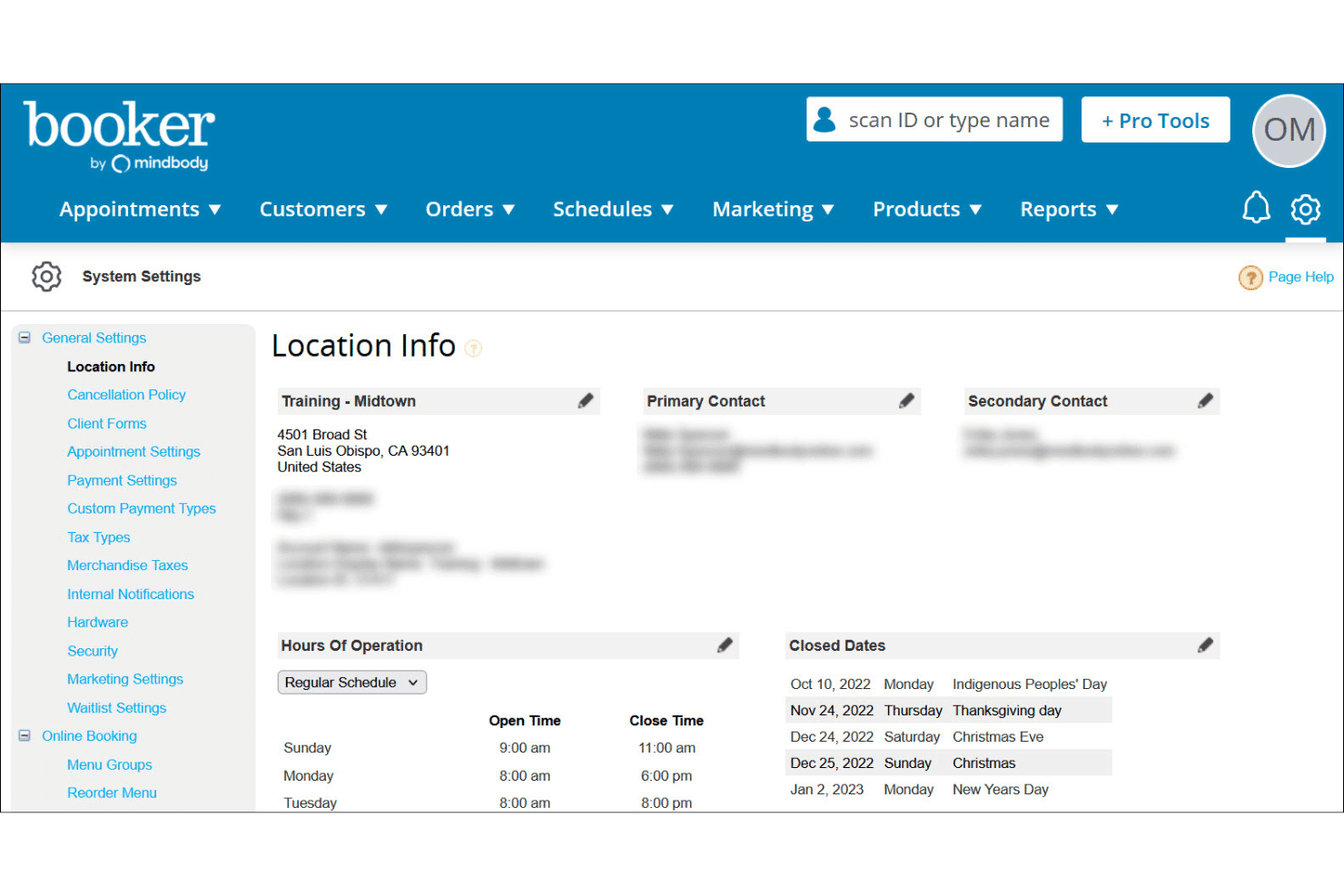 Booker system settings page showing location info, hours of operation, and closed dates.