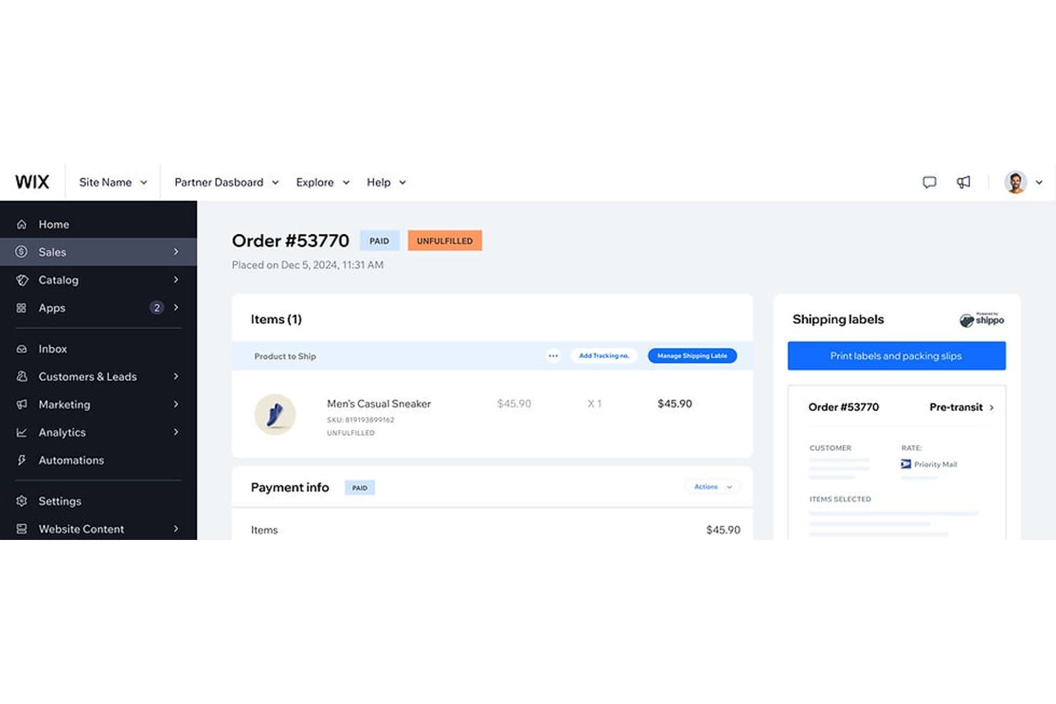 Dashboard di gestione degli ordini di Wix che mostra un ordine di sneaker pagato e non evaso con opzioni per l'etichetta di spedizione.