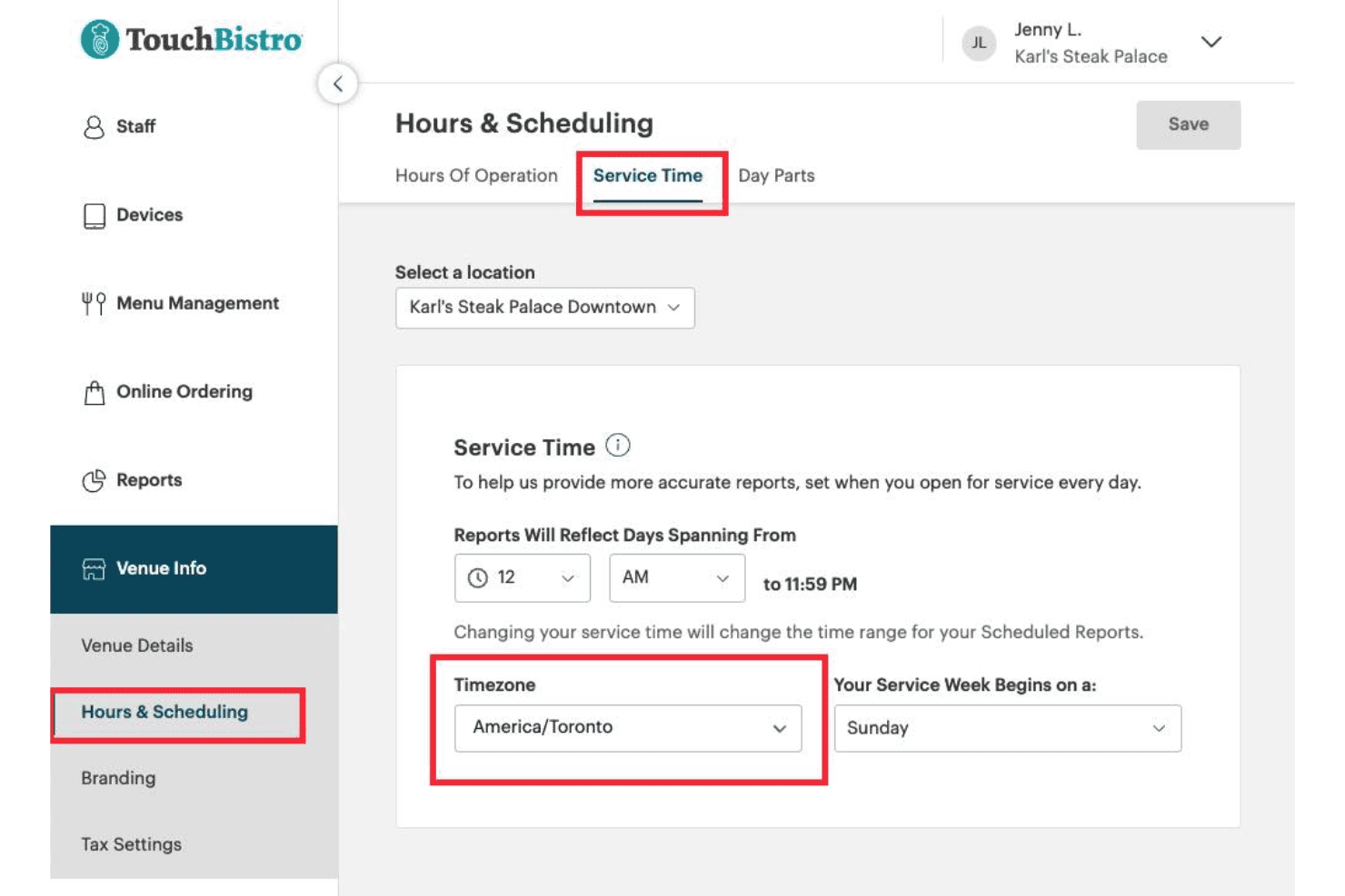 TouchBistro-skærmbilledet Timer og planlægning, der viser indstillinger for servicetid og tidszone.