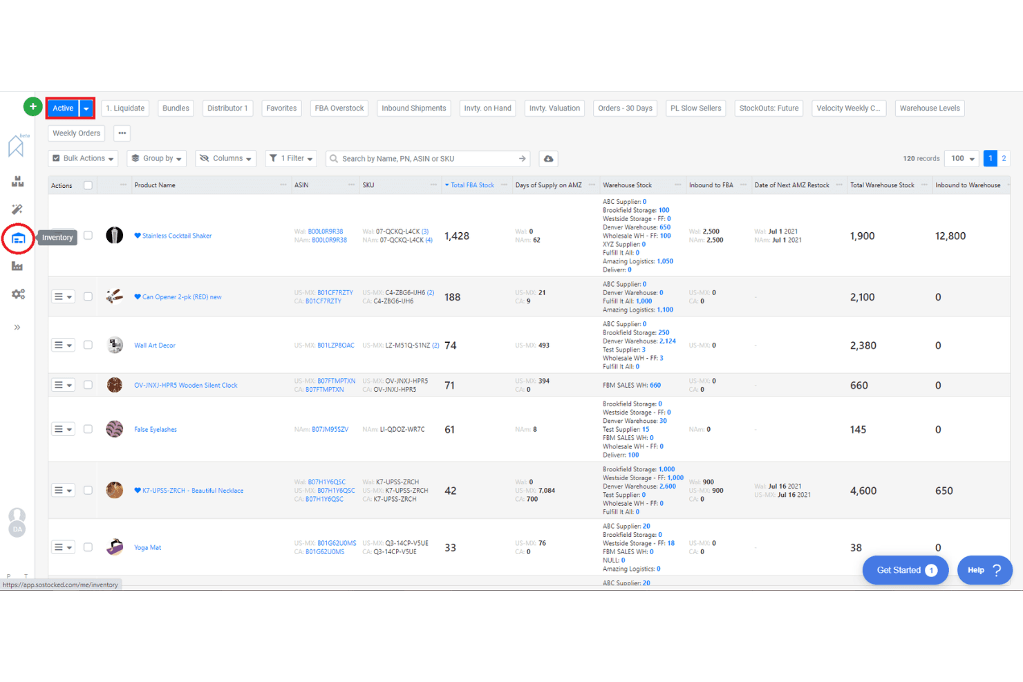 SoStocked-lagerdashboard, der viser produkter, FBA-lager og lagerniveauer.