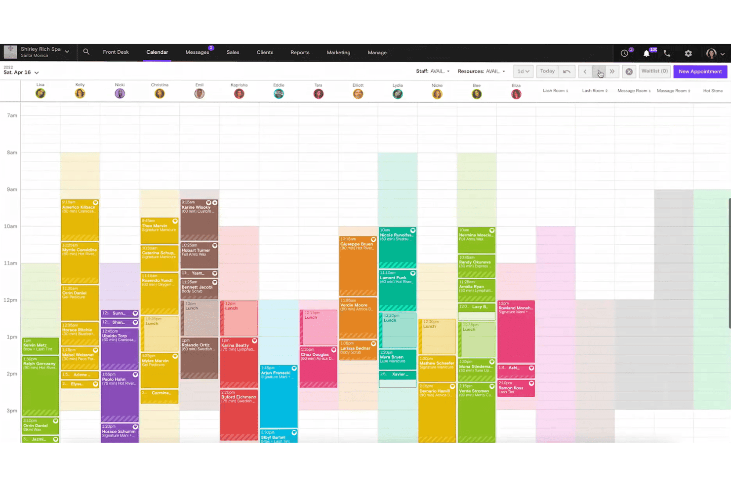 Spa scheduling calendar showing staff columns with color-coded appointments for one day.
