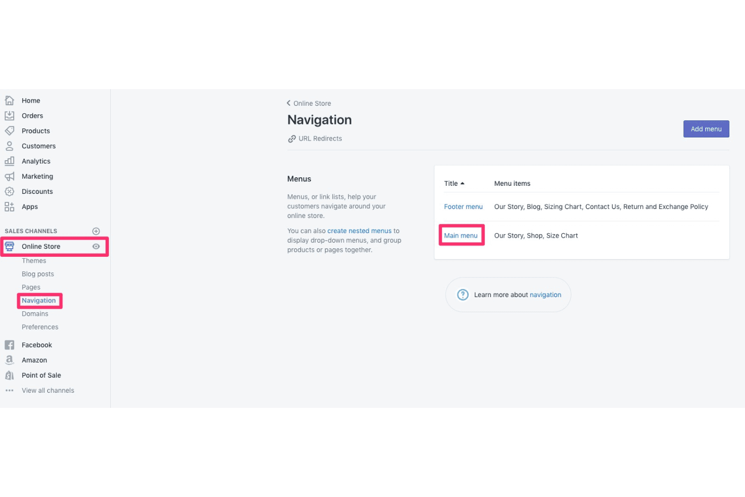 Página de navegación de Shopify que muestra los menús Principal y Pie de página con los elementos del menú enumerados.