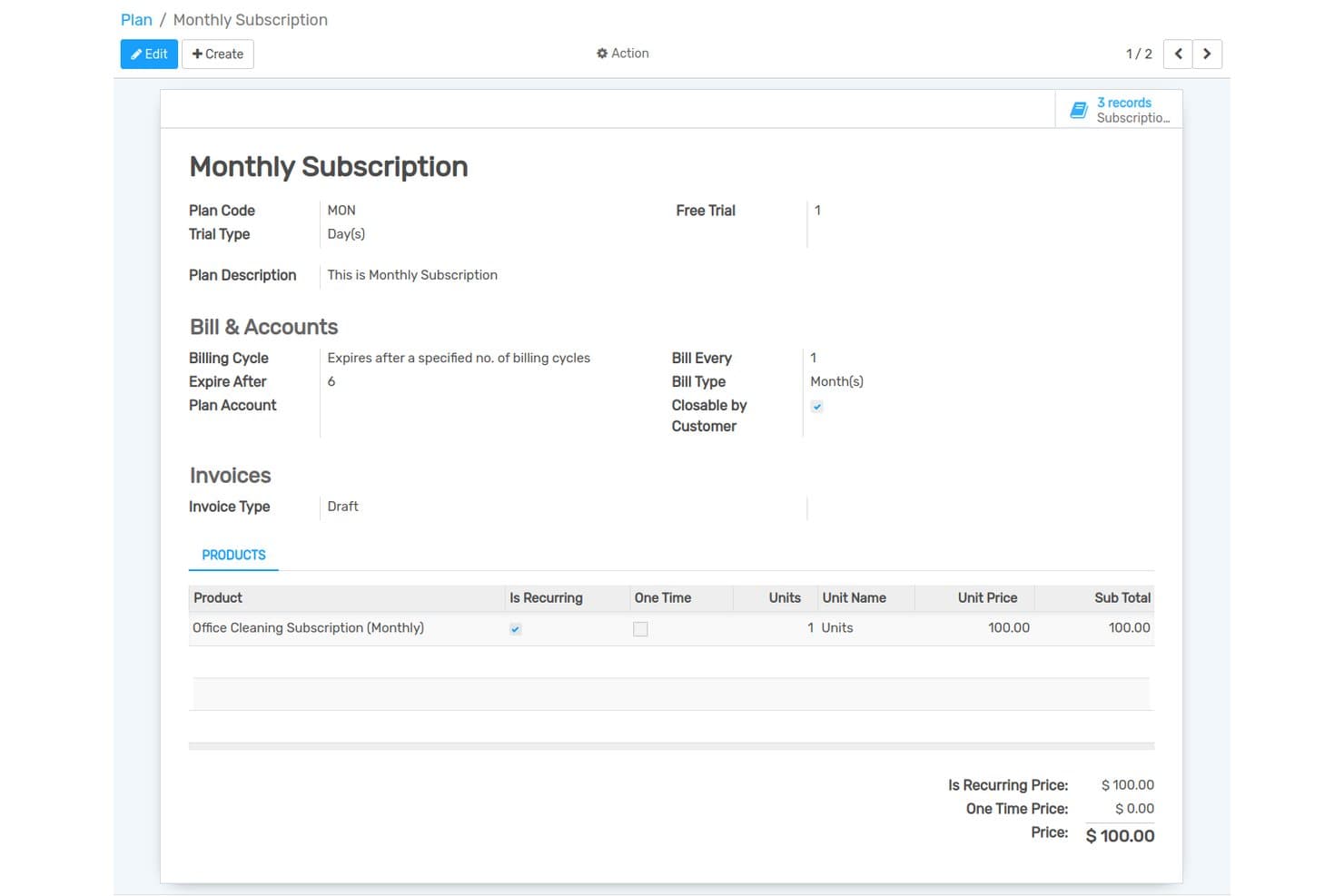 Flectra monthly subscription plan form showing billing cycle, products, and pricing details.