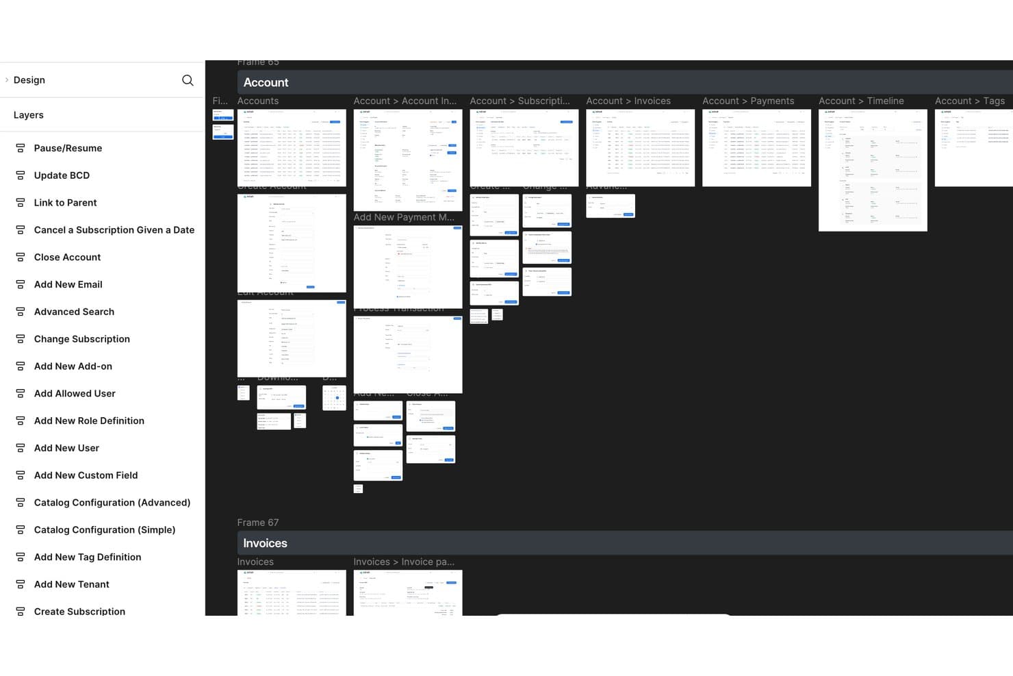 Kill Bill Kaui design panel showing account and invoice workflow screens in Figma.
