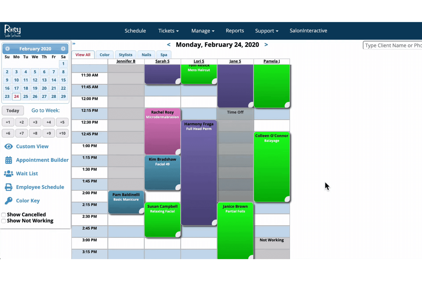 Salon scheduling calendar showing staff columns with color-coded client appointments.