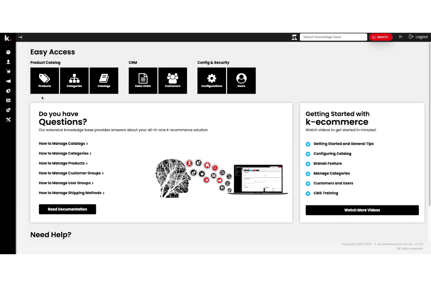 K-eCommercen hallintapaneeli, jossa on tuotteiden, CRM:n ja asetusten helpon käytön pikavalinnat.