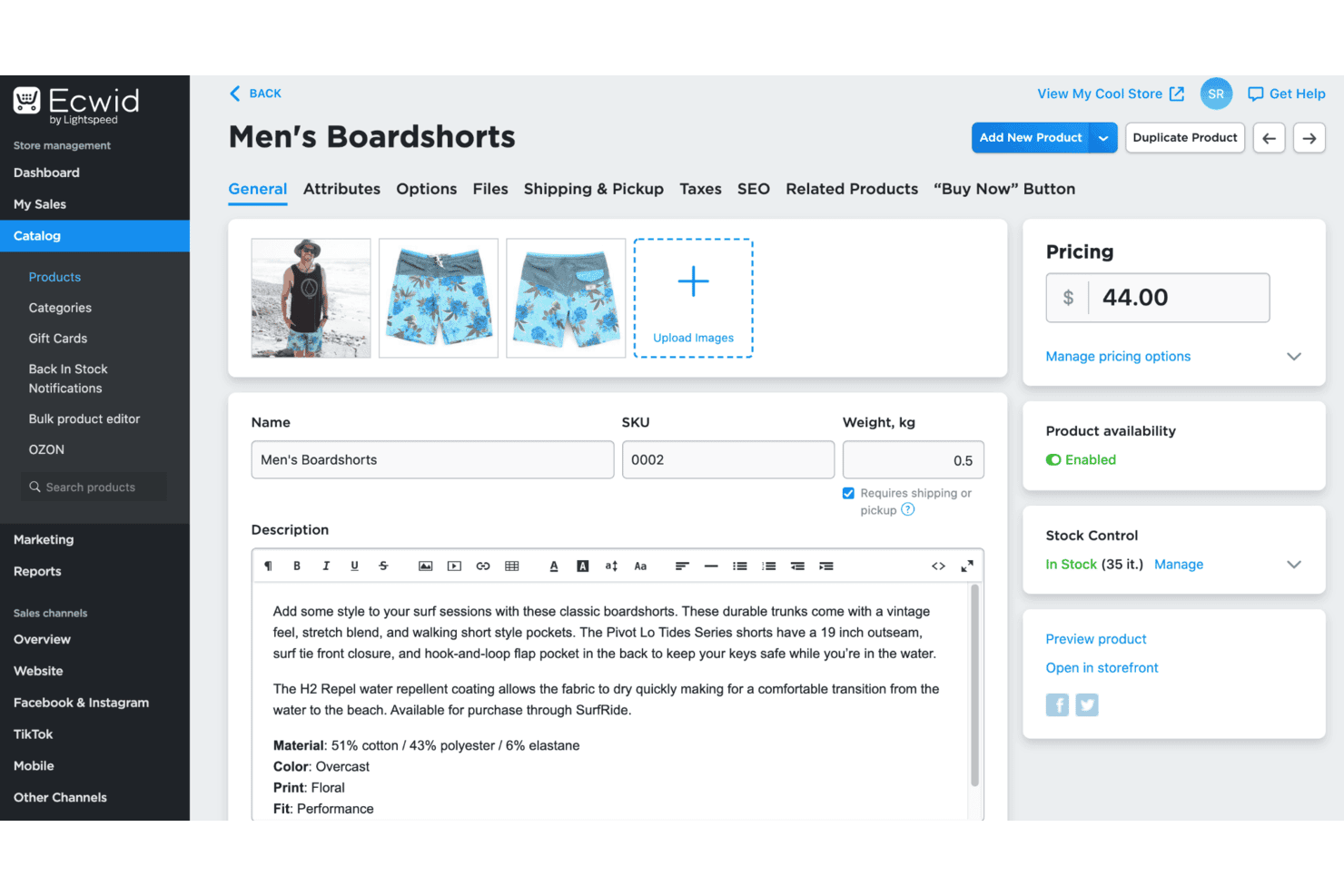 Editor dei prodotti di Ecwid che mostra Boardshorts da uomo con dettagli su prezzo, SKU e scorte.