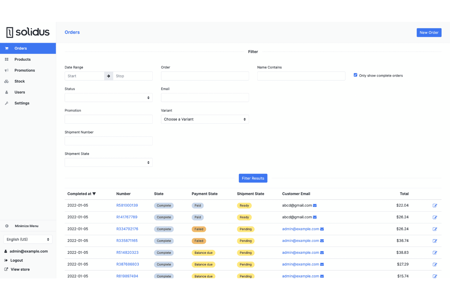 Solidus admin orders list with filter options and order status columns.