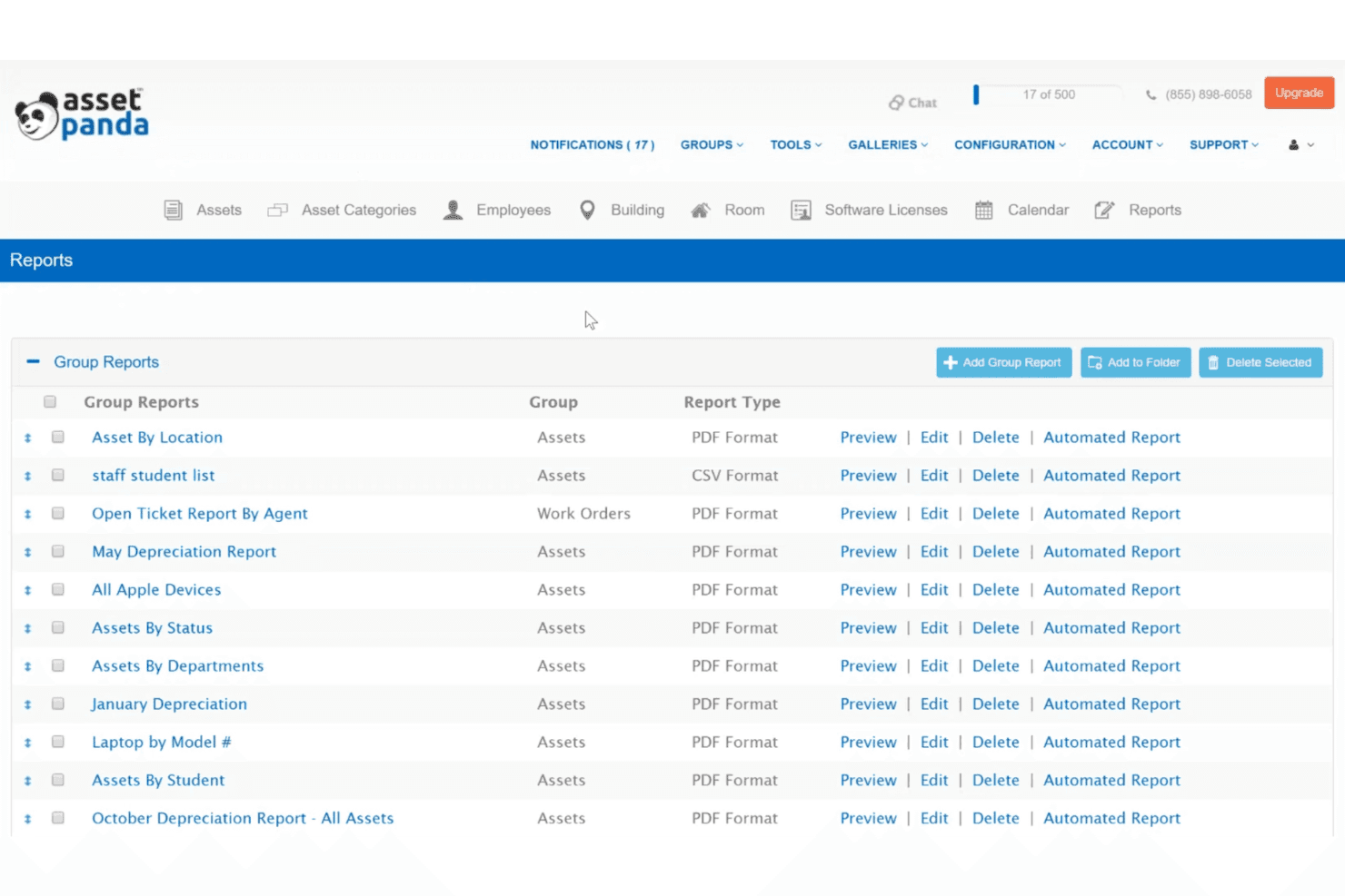 Asset Pandas rapportside med en liste over grupperapporter med muligheder for PDF- og CSV-format.