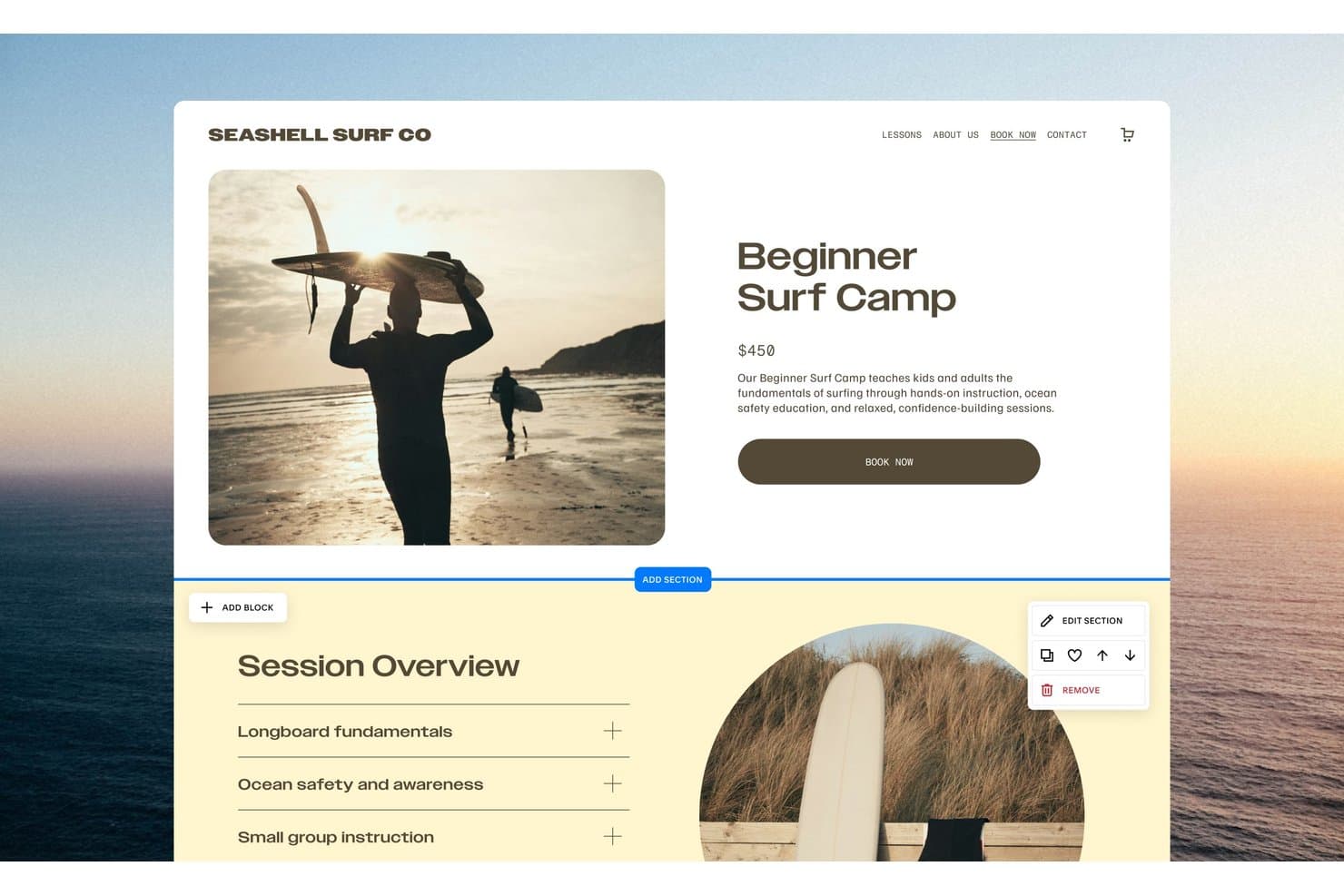 Editor di Squarespace che mostra una pagina di prodotto per una tavola da surf per principianti con controlli delle sezioni.