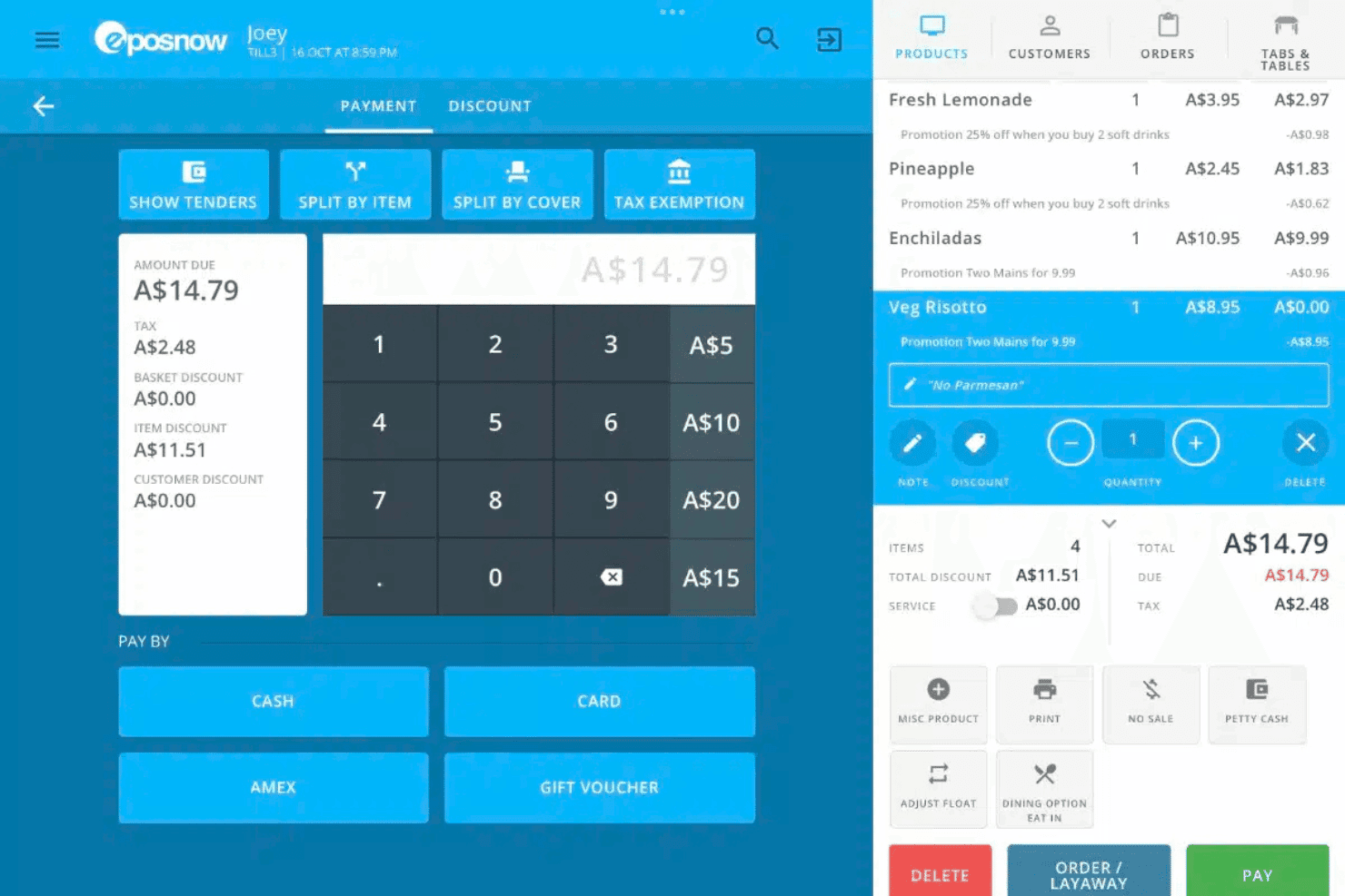 Epos Now POS payment screen showing order totals, discounts, and payment options.