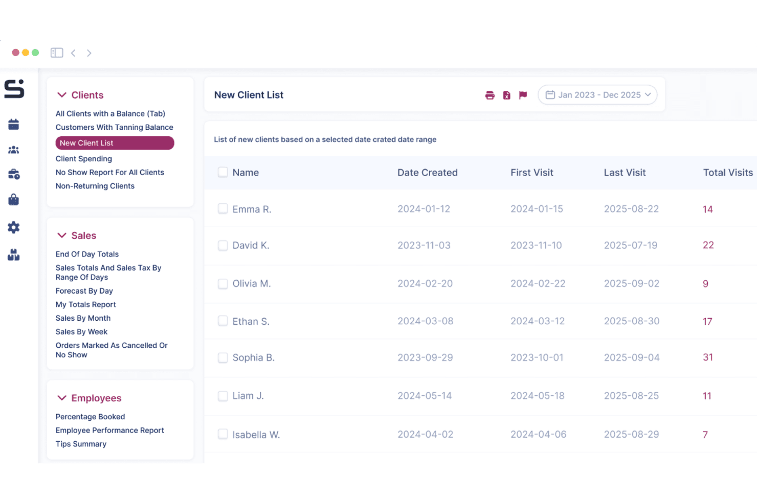 Salon Iris new client list report showing visit dates and total visits.