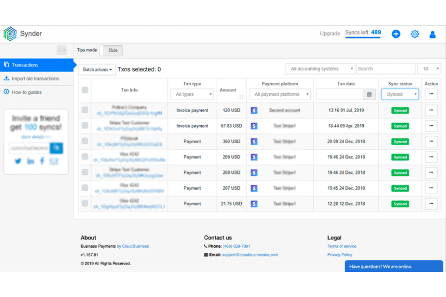 Synder dashboard showing synced transactions list with payment platform and date columns.
