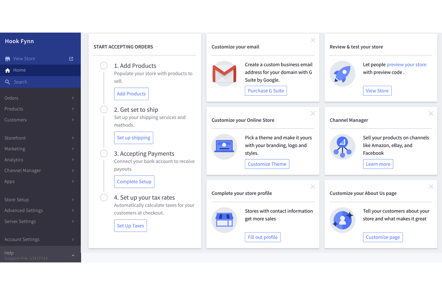 Dashboard di amministrazione di BigCommerce che mostra le fasi di configurazione del negozio e le schede di avvio rapido.