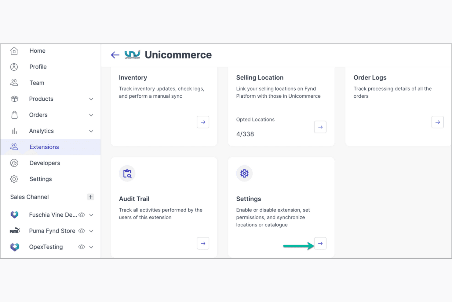 Unicommerce extension dashboard showing inventory, selling location, order logs, audit trail, and settings panels.