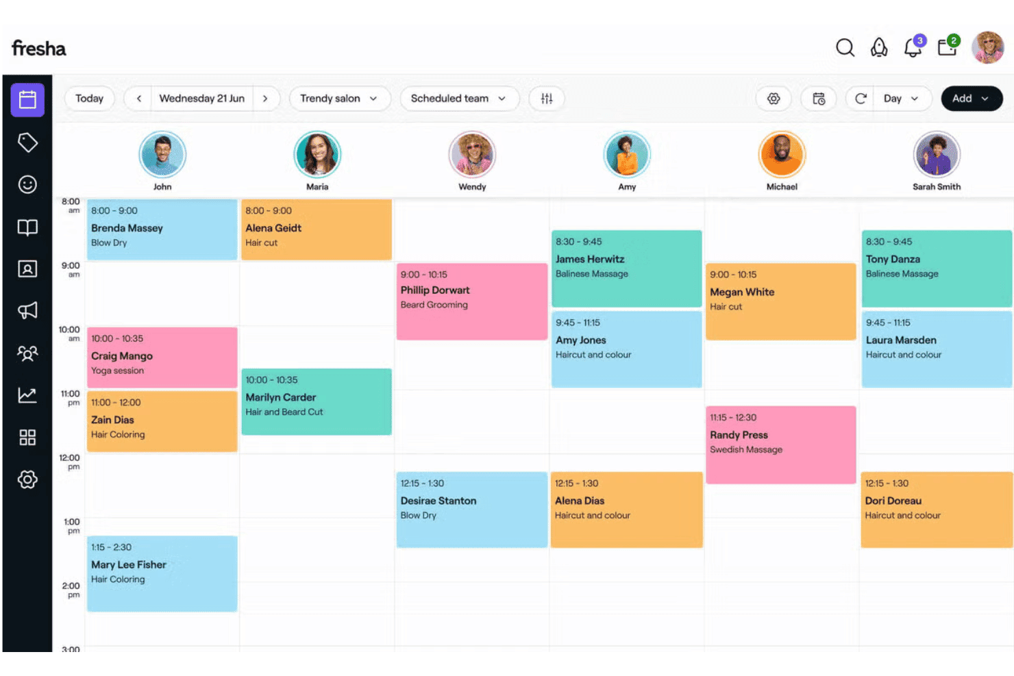 Fresha salon scheduling dashboard showing staff daily appointments in color-coded blocks.