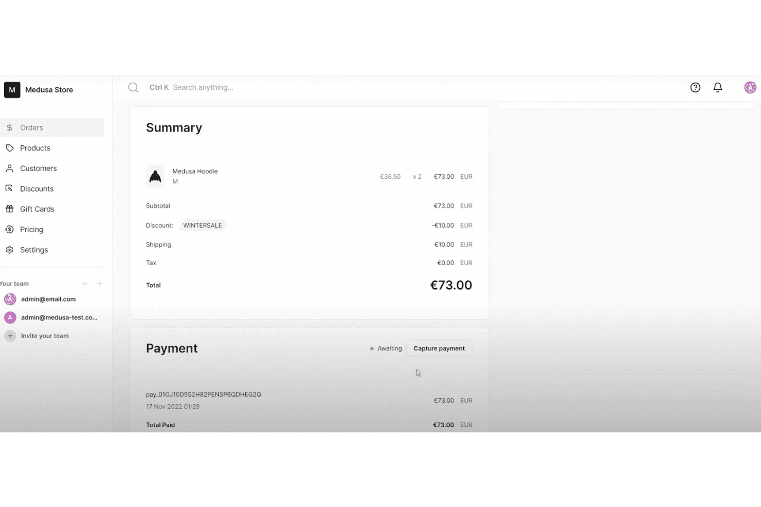 Medusa admin order summary showing product, discount, shipping, and payment details.
