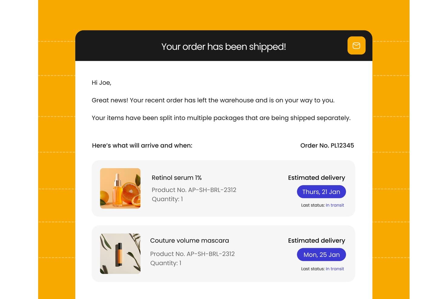Correo electrónico de notificación de envío de parcelLab que muestra dos productos con fechas de entrega estimadas.