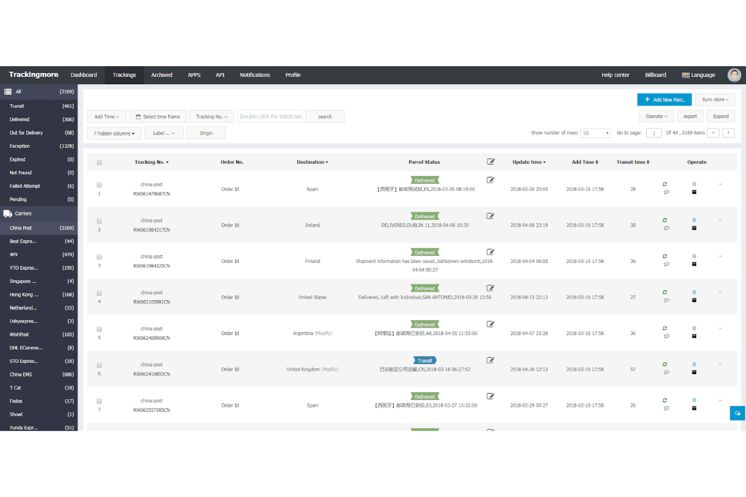 Panel de TrackingMore con una lista de envíos, estados de paquetes, transportistas y actualizaciones de entrega.