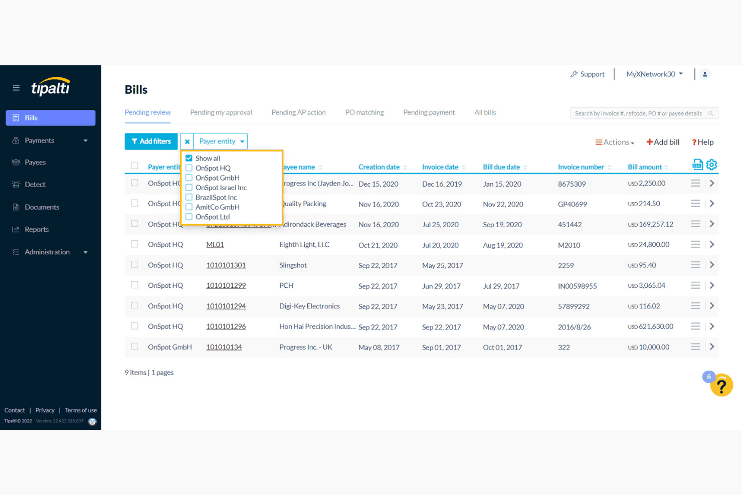 Tipalti Bills dashboard showing payer entity filter dropdown with list of entities.