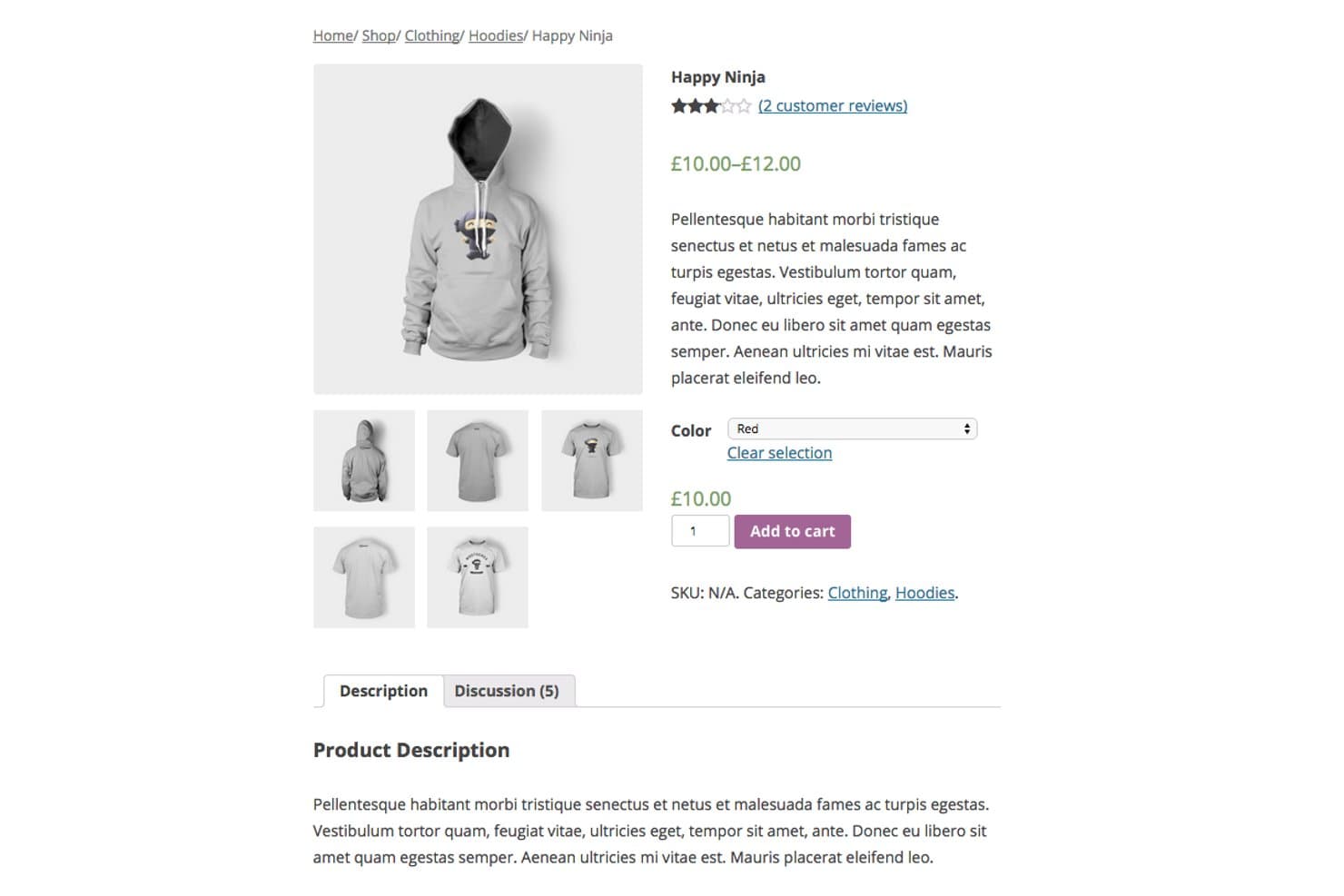 Pagina prodotto di WooCommerce per una felpa con cappuccio che mostra il prezzo, il selettore del colore e il pulsante per aggiungere al carrello.