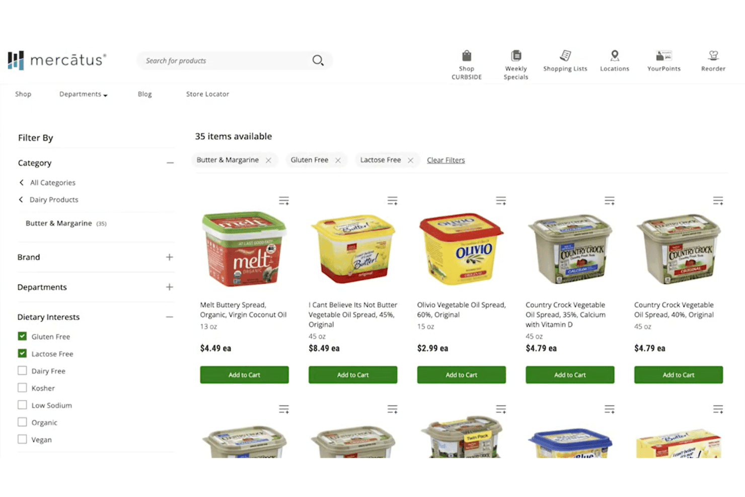 Mercatus grocery platform showing filtered butter and margarine products with prices and add-to-cart buttons.