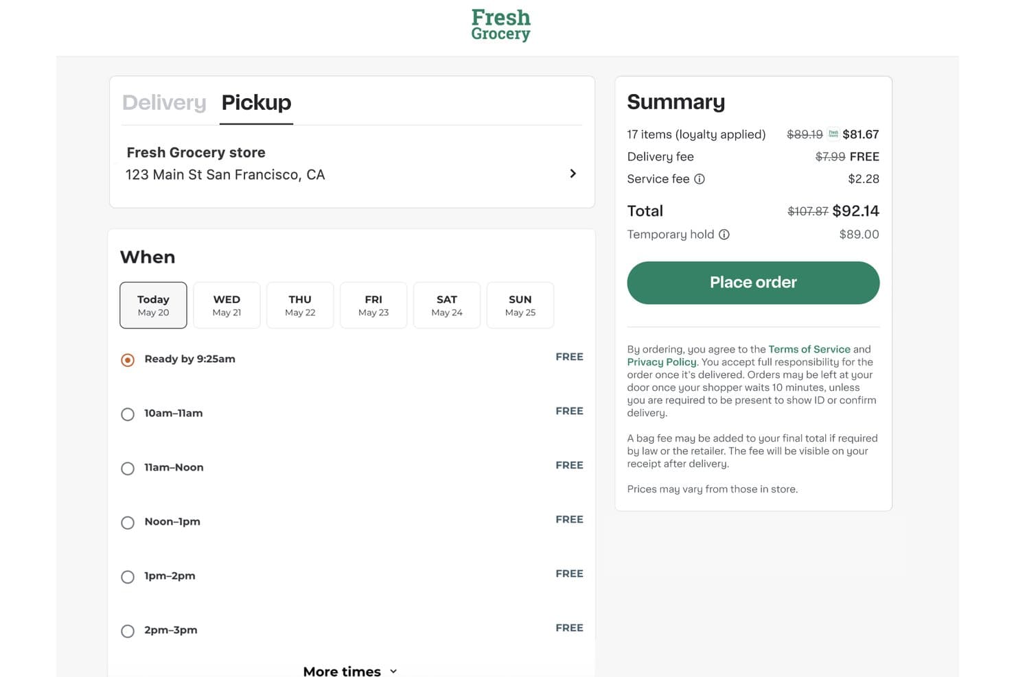 Instacart Storefront pickup checkout screen showing order summary, time slots, and place order button.