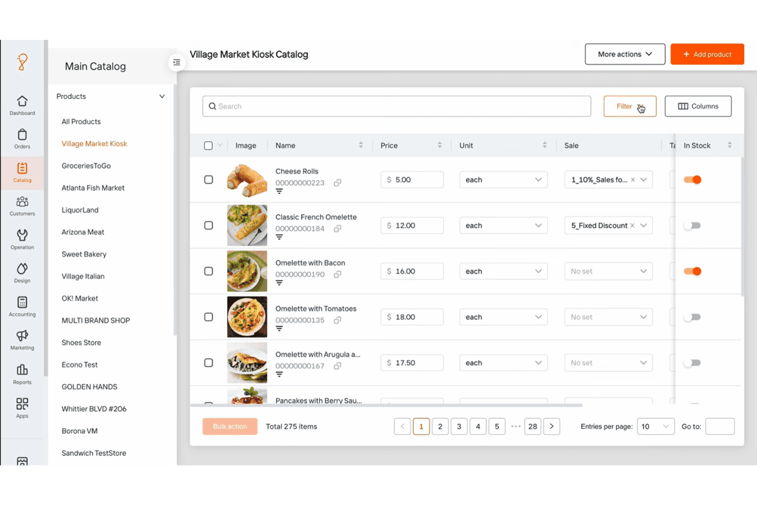 Local Express AI inventory dashboard showing replenish alerts, stock estimates, and a grocery product catalog with 449 items.