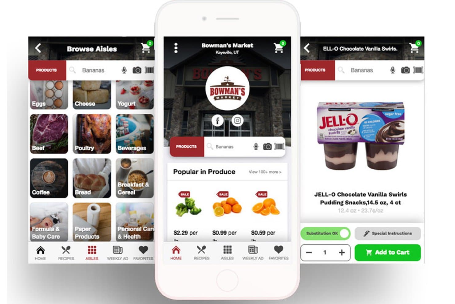 ShopHero mobile app showing browse aisles, store home, and product detail screens.