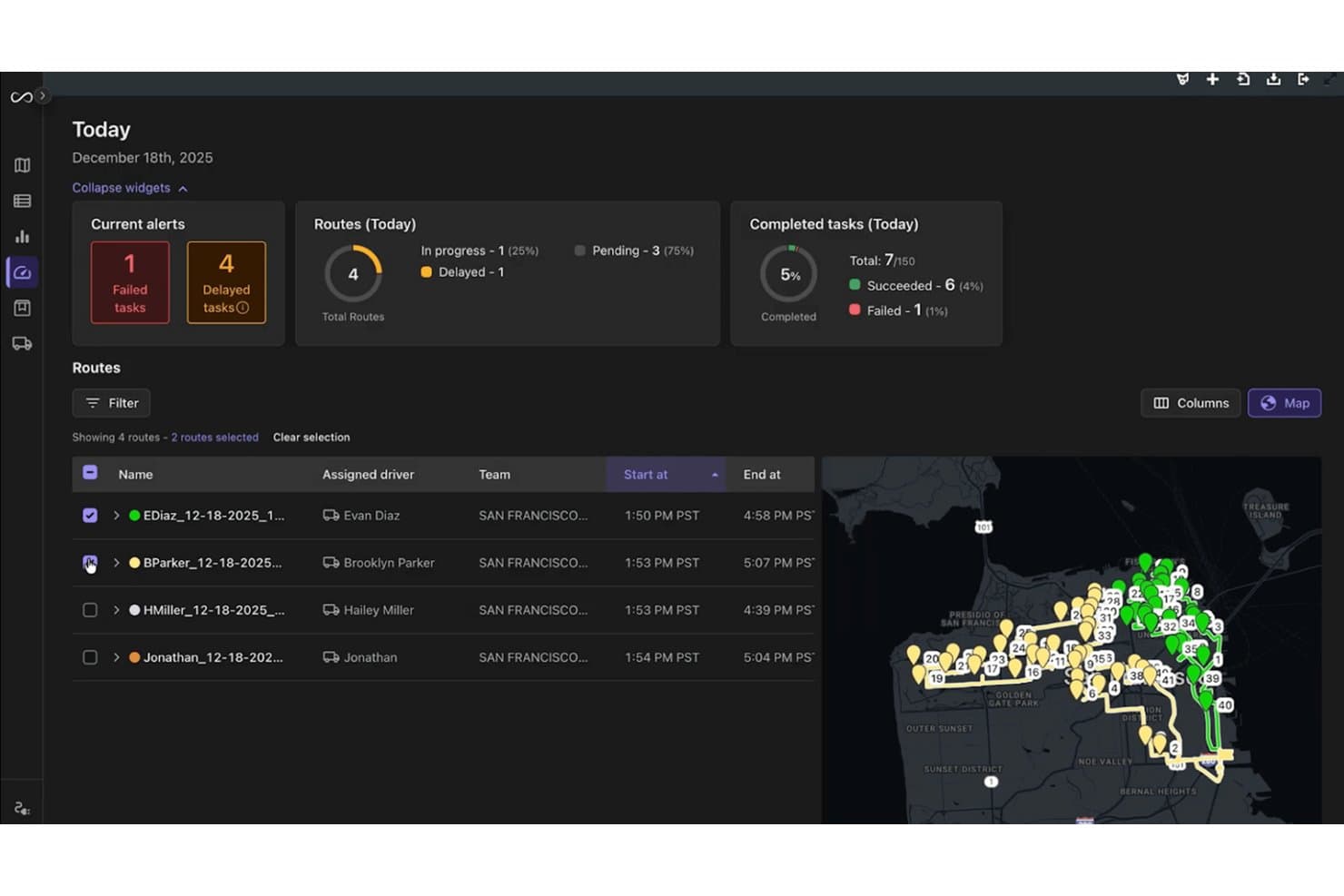 Onfleet dashboard showing 4 routes, driver assignments, task alerts, and a San Francisco map.