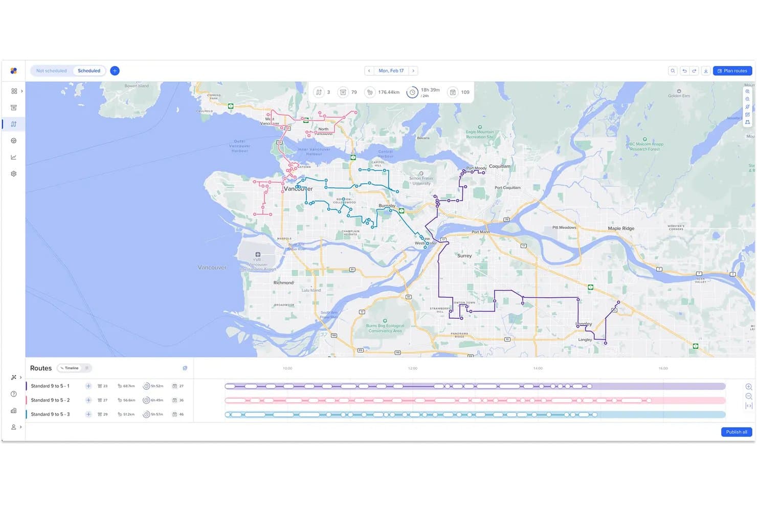 Routific route planning dashboard showing 3 scheduled delivery routes on a Vancouver map with timeline view.