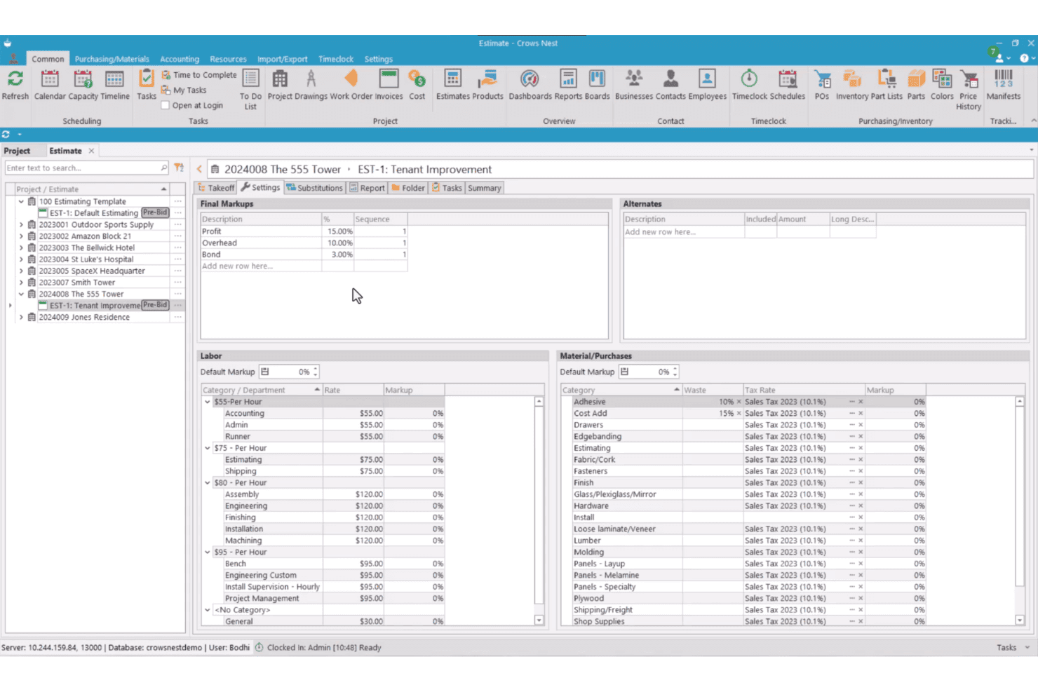 Crows Nest estimate settings screen showing labor rates, material categories, and final markups.