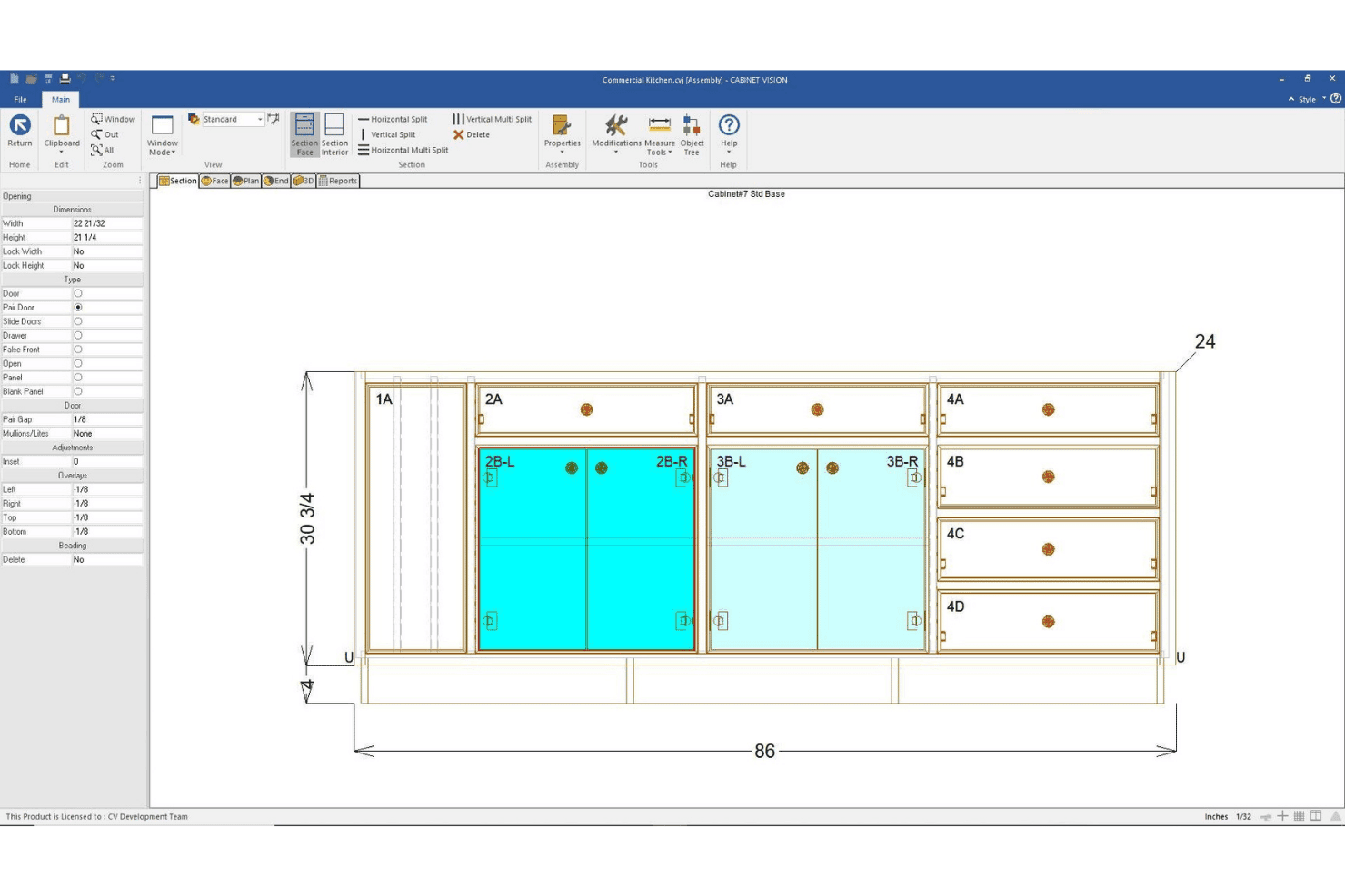 Cabinet Vision software showing a face section view of an 86-inch base cabinet with labeled door openings.