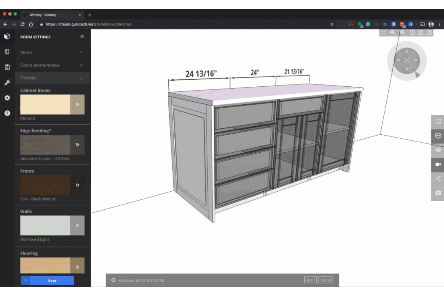 Allmoxy 3D cabinet configurator showing room settings panel and dimensioned cabinet render.